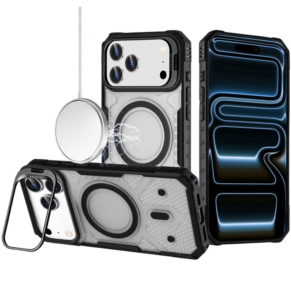 for iphone 17 pro tough dotted design hq hybrid with metallic camera stand magnetic ring case black