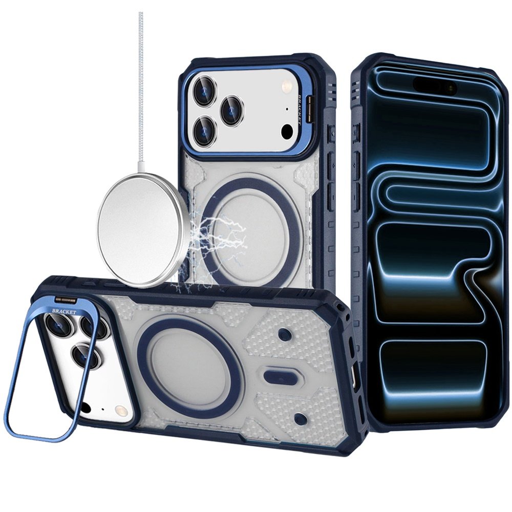 for iphone 17 pro tough dotted design hq hybrid with metallic camera stand magnetic ring case dark blue