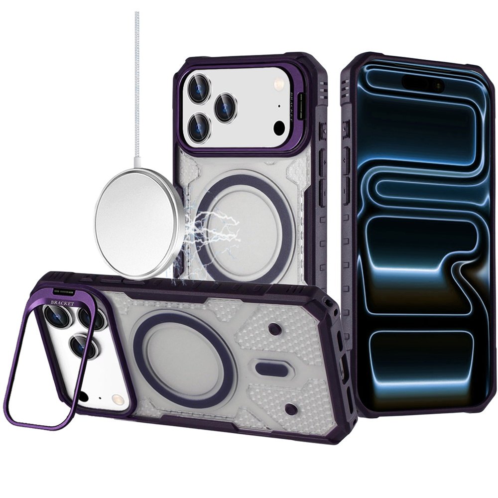 for iphone 17 pro tough dotted design hq hybrid with metallic camera stand magnetic ring case dark purple