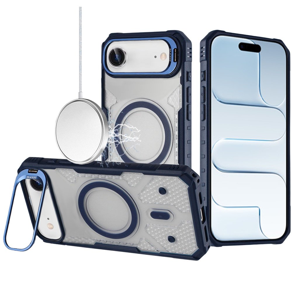 for iphone 17 air tough dotted design hq hybrid with metallic camera stand magnetic ring case dark blue