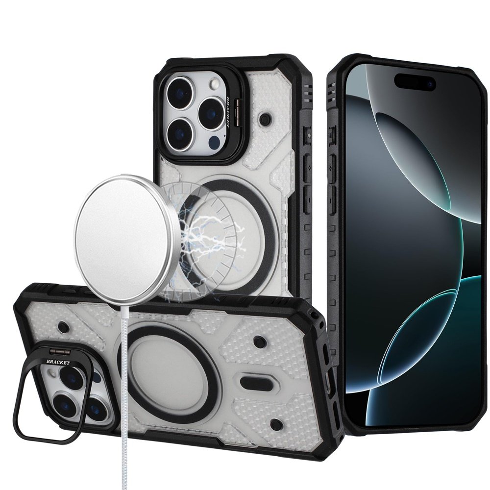 for iphone 16 pro max 6.9 tough dotted design hq hybrid with metallic camera stand magnetic ring case black