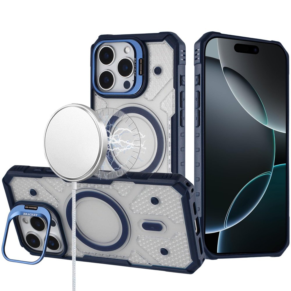 for iphone 16 pro max 6.9 tough dotted design hq hybrid with metallic camera stand magnetic ring case dark blue