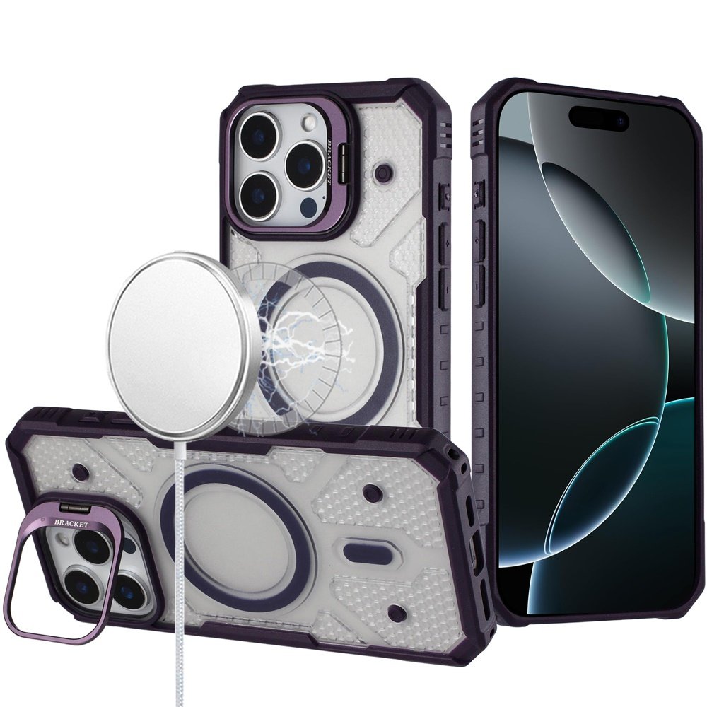 for iphone 16 pro max 6.9 tough dotted design hq hybrid with metallic camera stand magnetic ring case dark purple