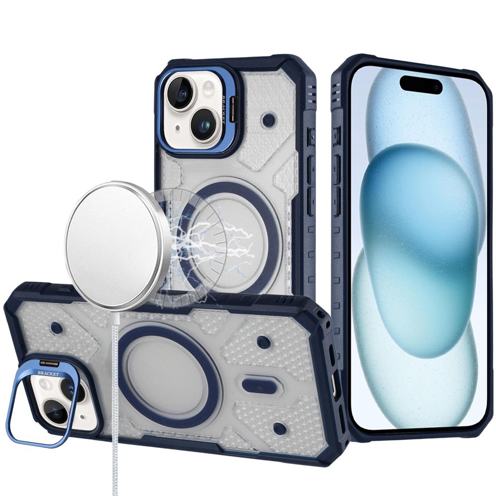 for iphone 15 tough dotted design hq hybrid with metallic camera stand magnetic ring case dark blue