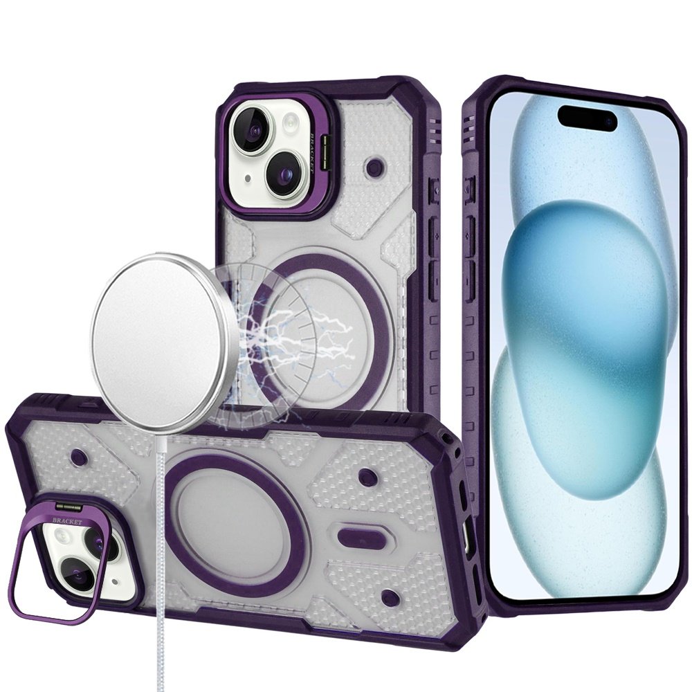 for iphone 15 tough dotted design hq hybrid with metallic camera stand magnetic ring case dark purple