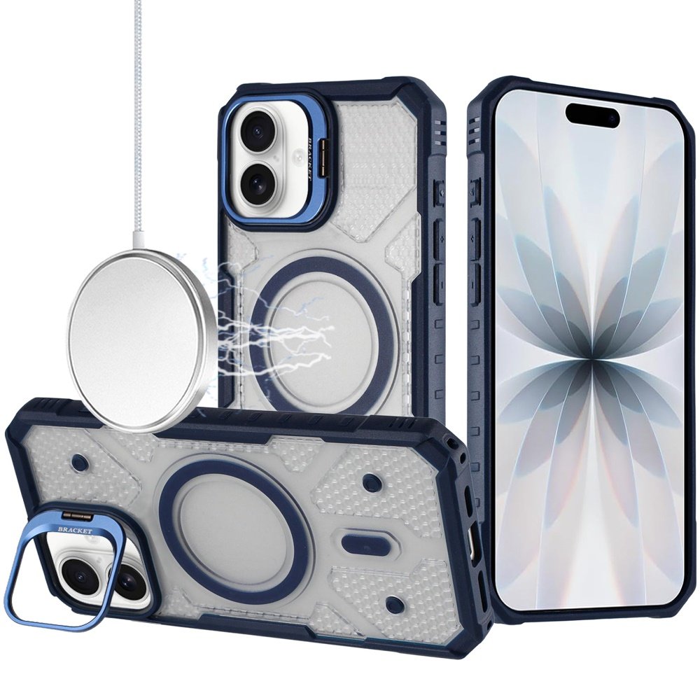 for iphone 17 tough dotted design hq hybrid with metallic camera stand magnetic ring case dark blue