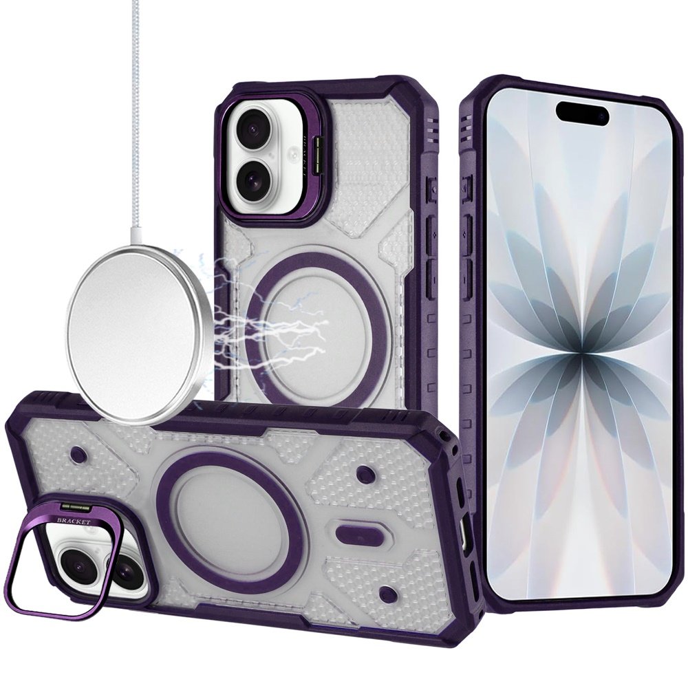 for iphone 17 tough dotted design hq hybrid with metallic camera stand magnetic ring case dark purple