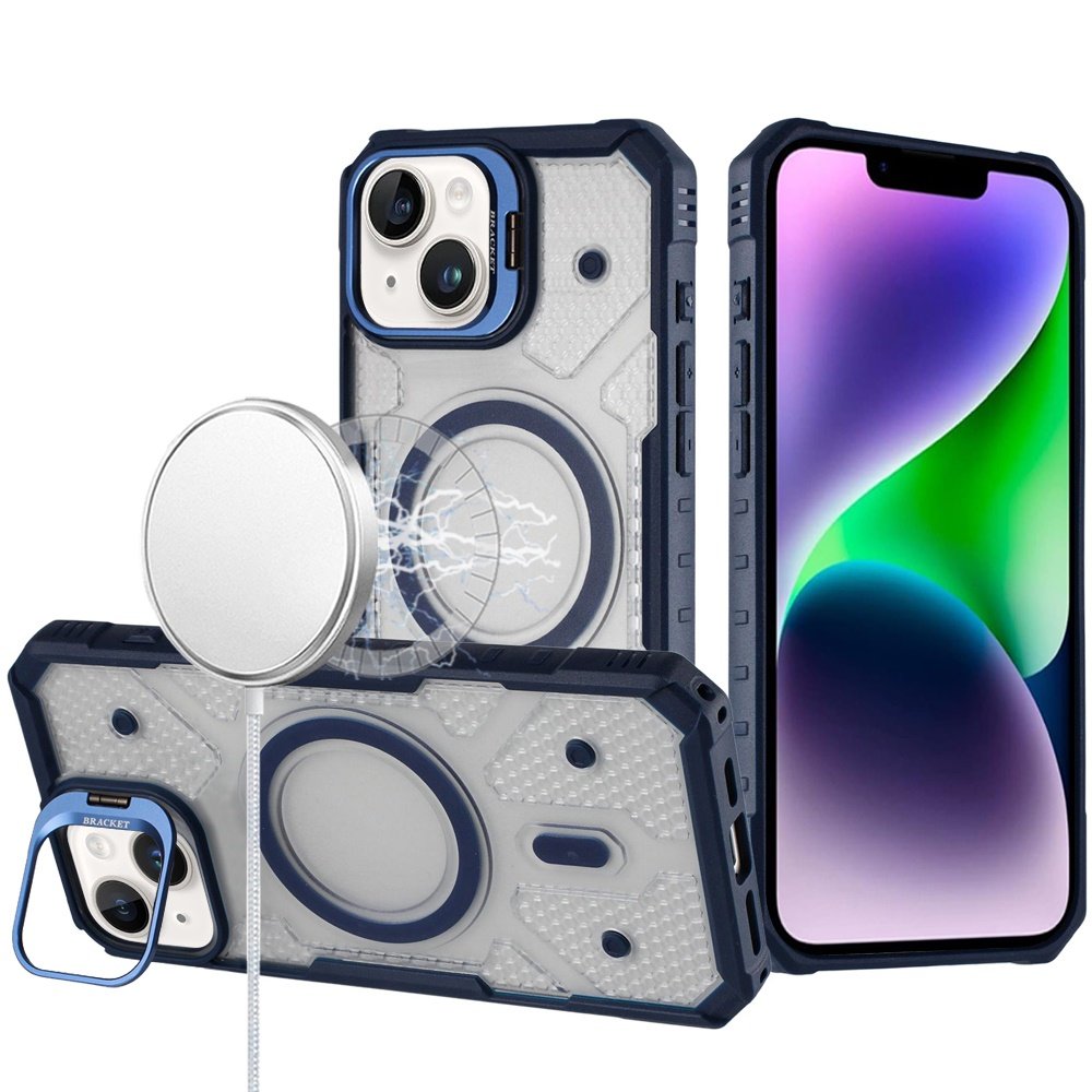 for iphone 13/14 tough dotted design hq hybrid with metallic camera stand magnetic ring case dark blue