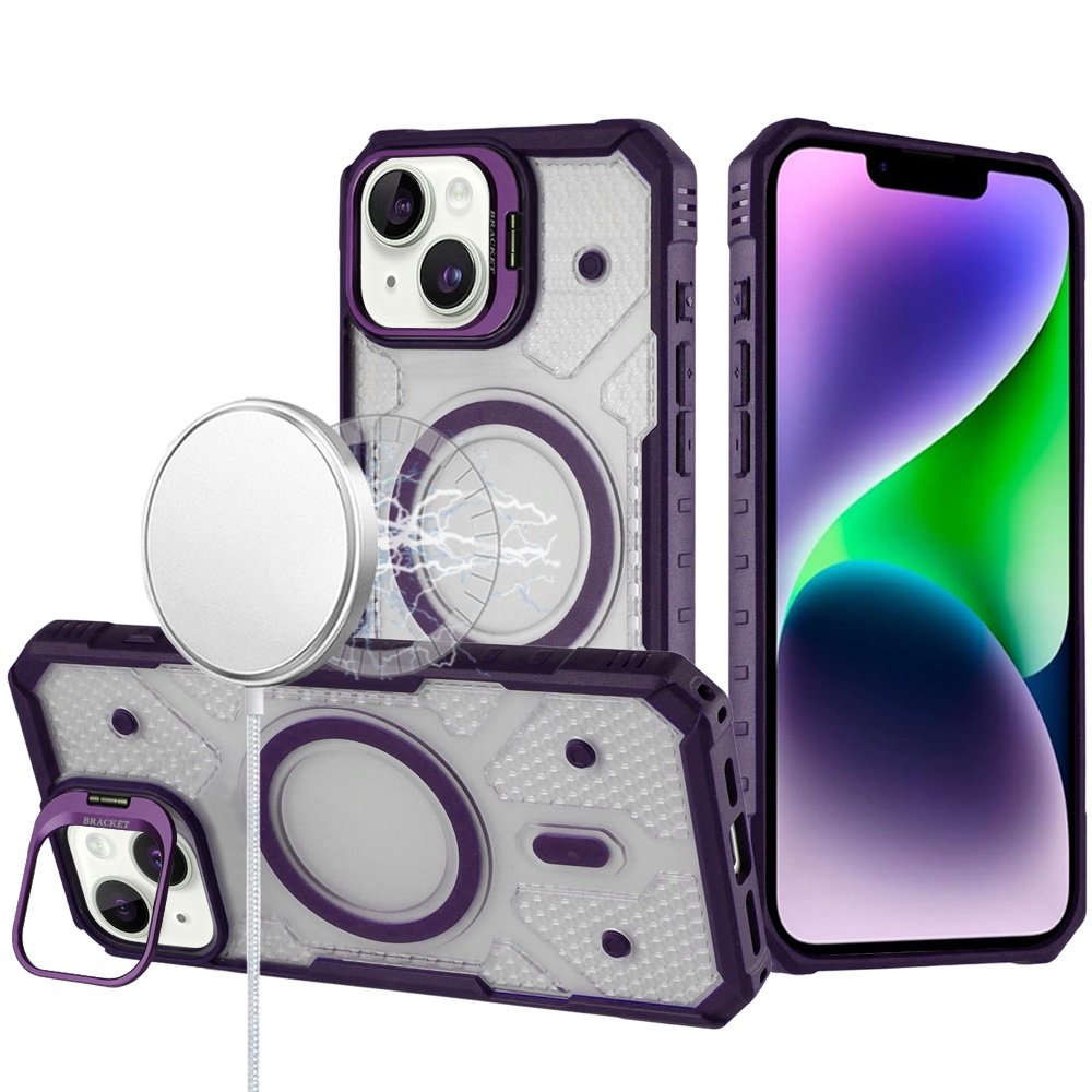 for iphone 13/14 tough dotted design hq hybrid with metallic camera stand magnetic ring case dark purple