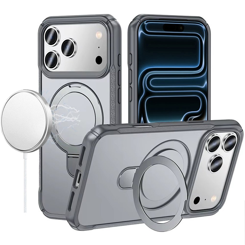 for iphone 17 pro max matte finish simplified magnetic ring with stand hybrid case gray