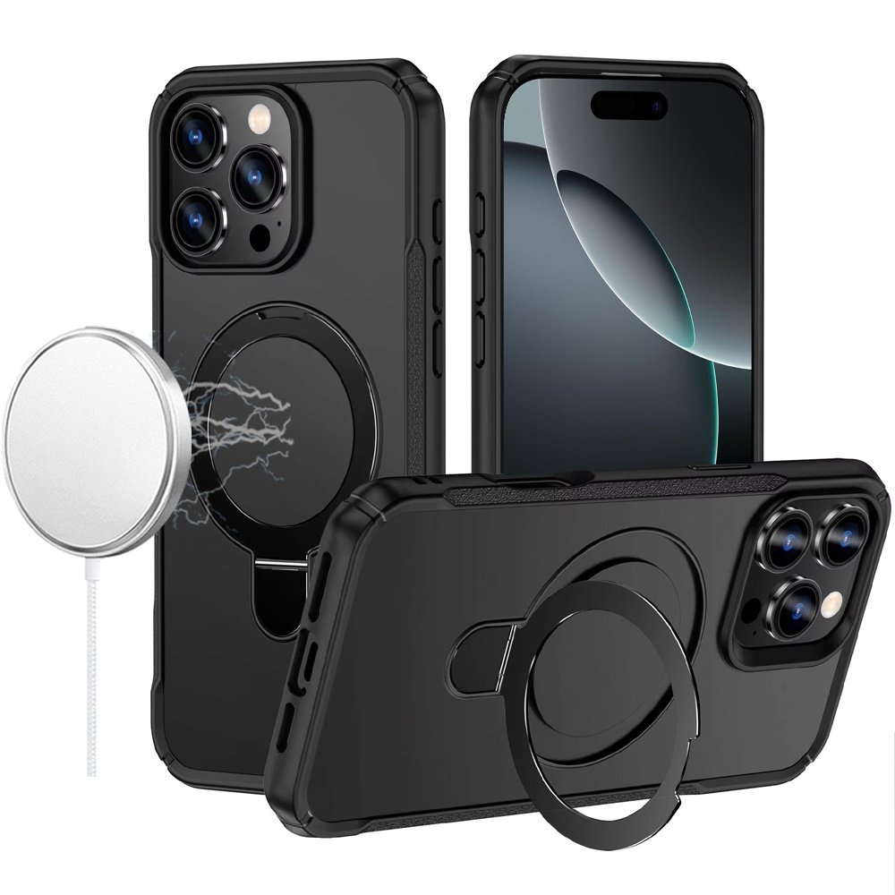 for iphone 16 pro max 6.9 matte finish simplified magnetic ring with stand hybrid case black