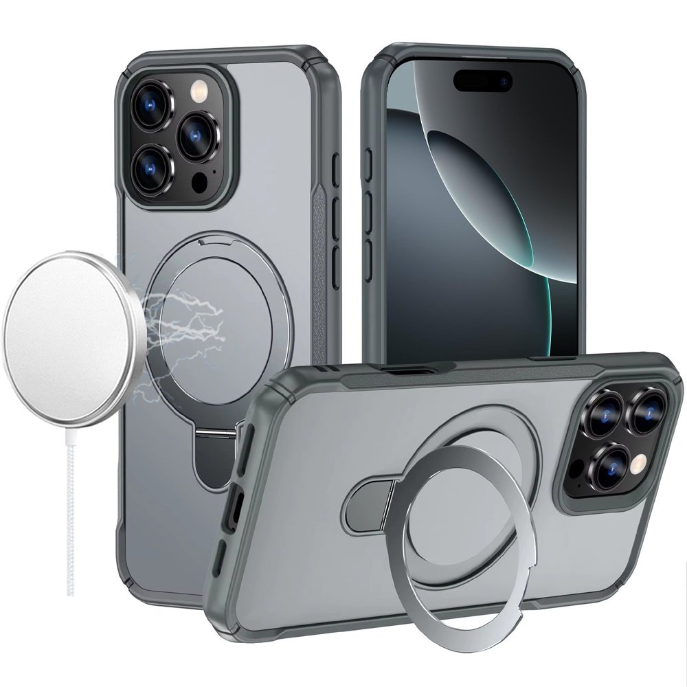 for iphone 16 pro max 6.9 matte finish simplified magnetic ring with stand hybrid case gray