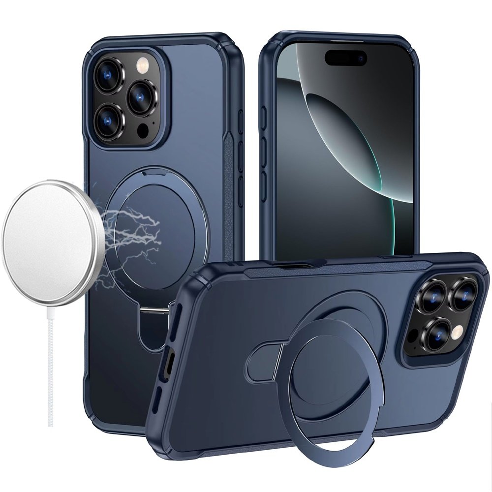 for iphone 16 pro max 6.9 matte finish simplified magnetic ring with stand hybrid case navy blue