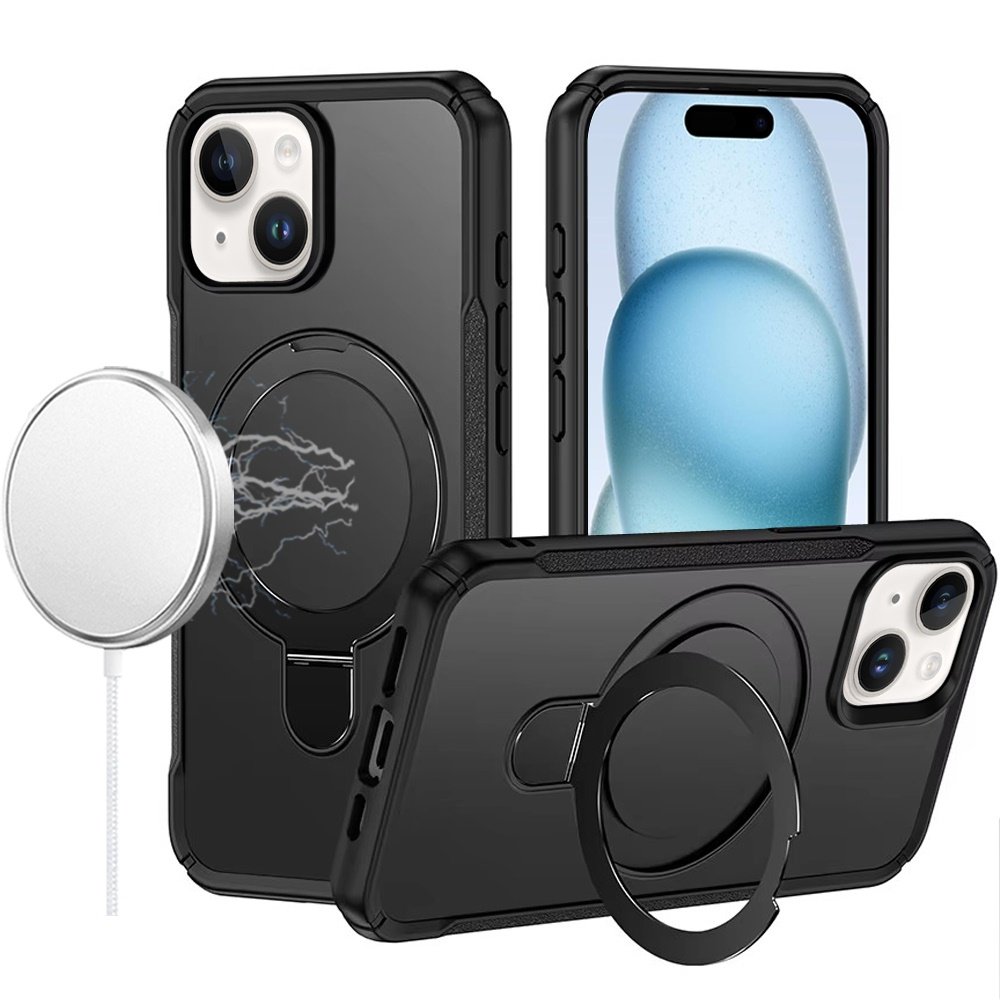 for iphone 15 matte finish simplified magnetic ring with stand hybrid case black