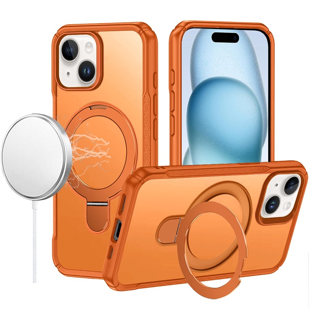 for iphone 15 matte finish simplified magnetic ring with stand hybrid case cosmic orange