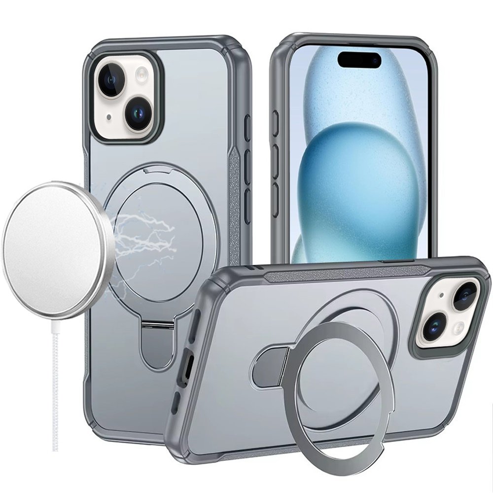 for iphone 15 matte finish simplified magnetic ring with stand hybrid case gray
