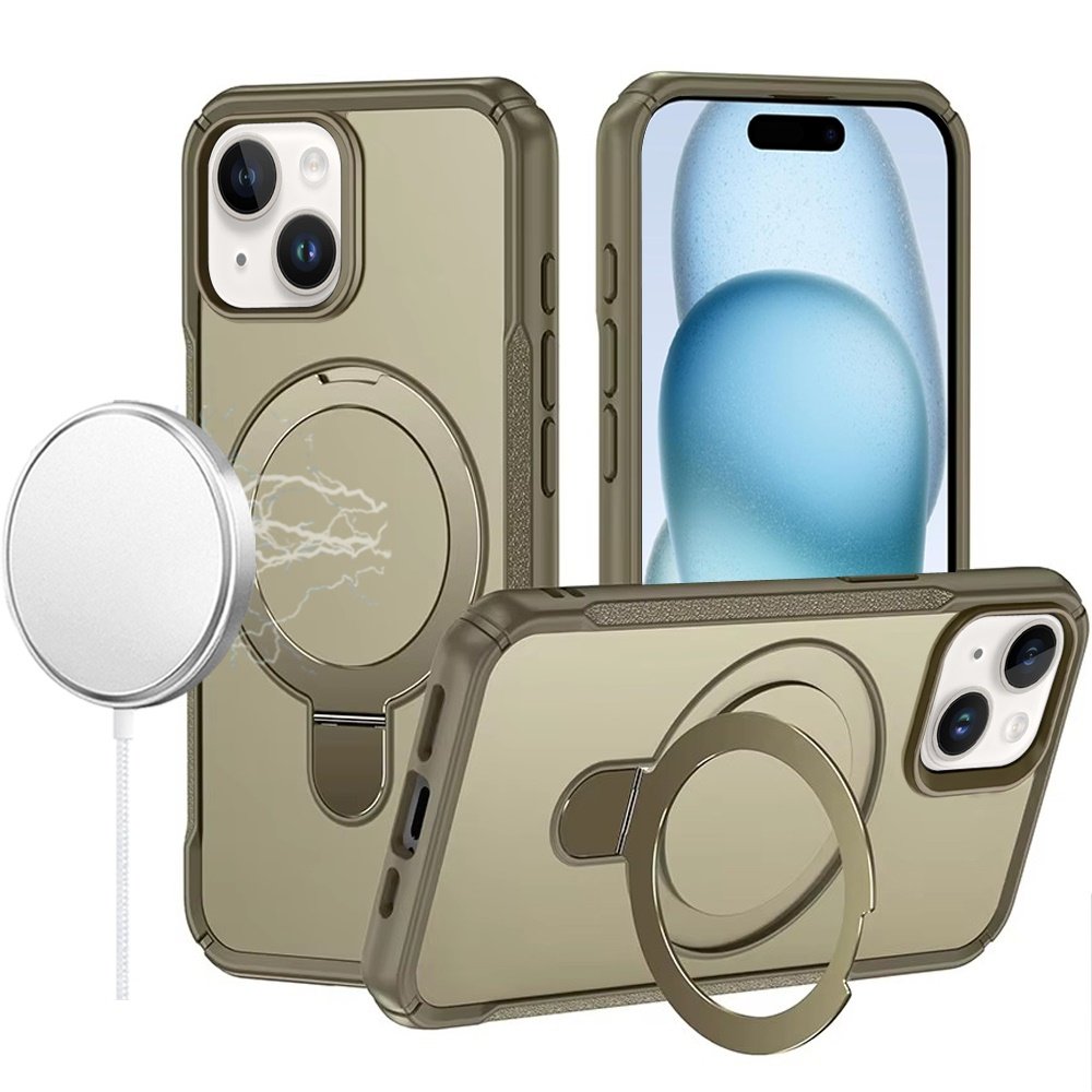 for iphone 15 matte finish simplified magnetic ring with stand hybrid case khaki