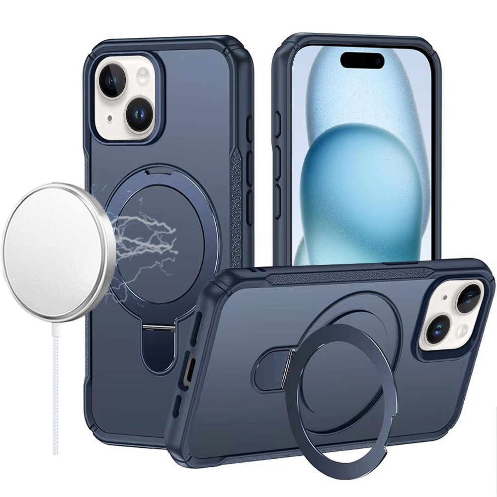 for iphone 15 matte finish simplified magnetic ring with stand hybrid case navy blue