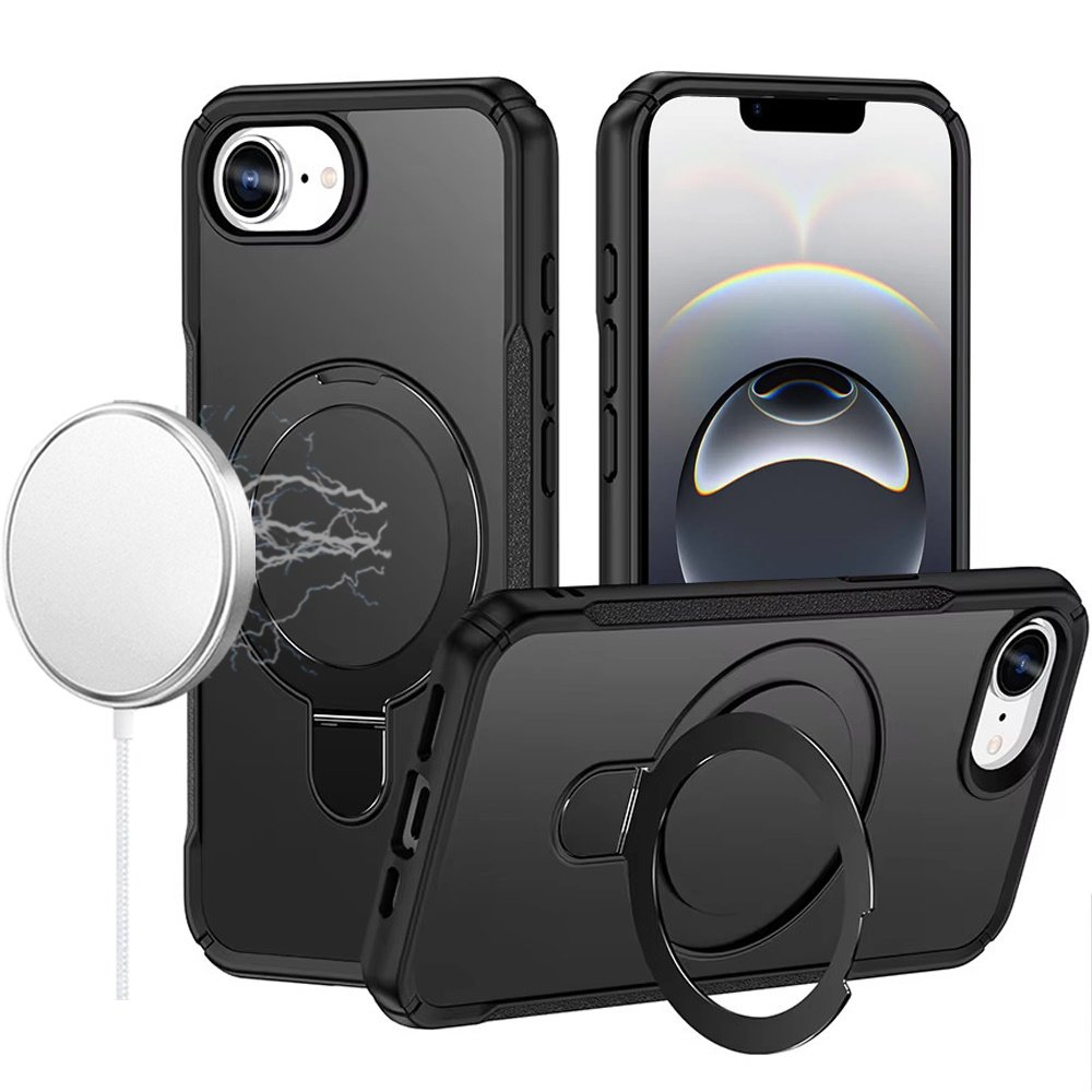 for iphone 17e / 16e / se4 matte finish simplified magnetic ring with stand hybrid case black