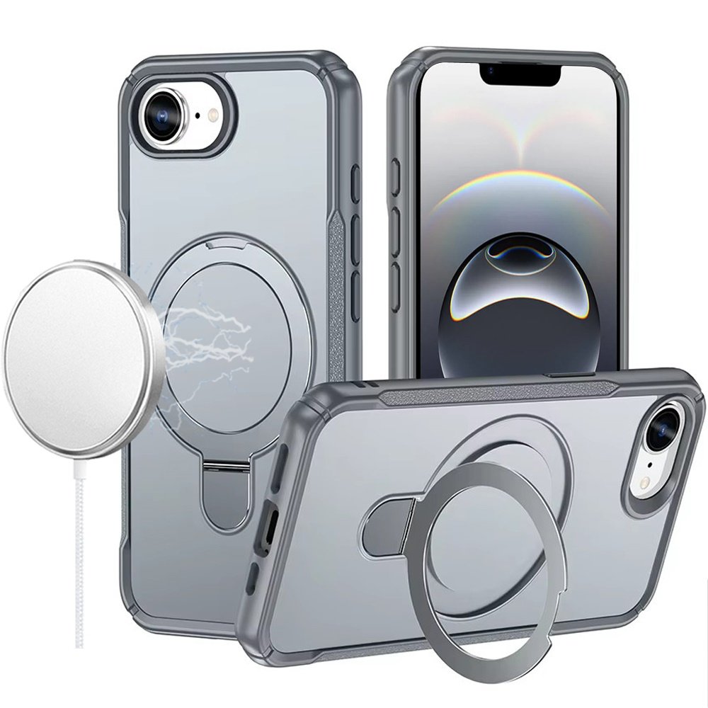for iphone 17e / 16e / se4 matte finish simplified magnetic ring with stand hybrid case gray