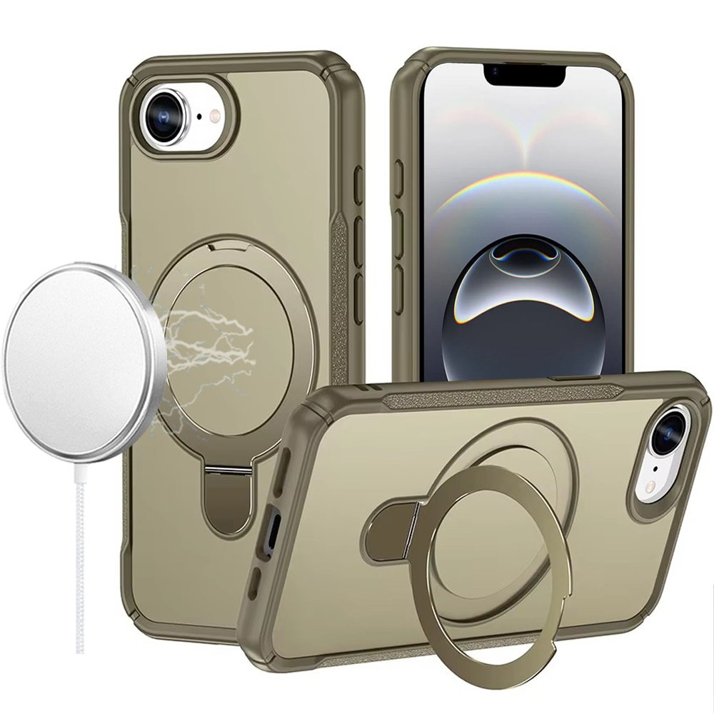 for iphone 17e / 16e / se4 matte finish simplified magnetic ring with stand hybrid case khaki
