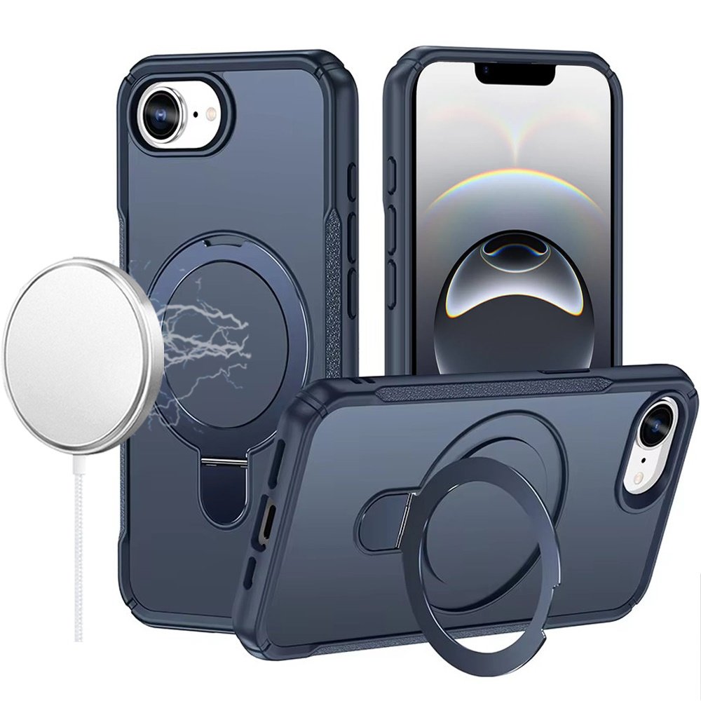for iphone 17e / 16e / se4 matte finish simplified magnetic ring with stand hybrid case navy blue