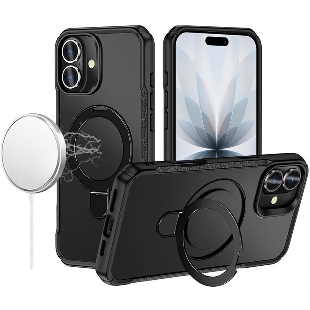for iphone 17 matte finish simplified magnetic ring with stand hybrid case black