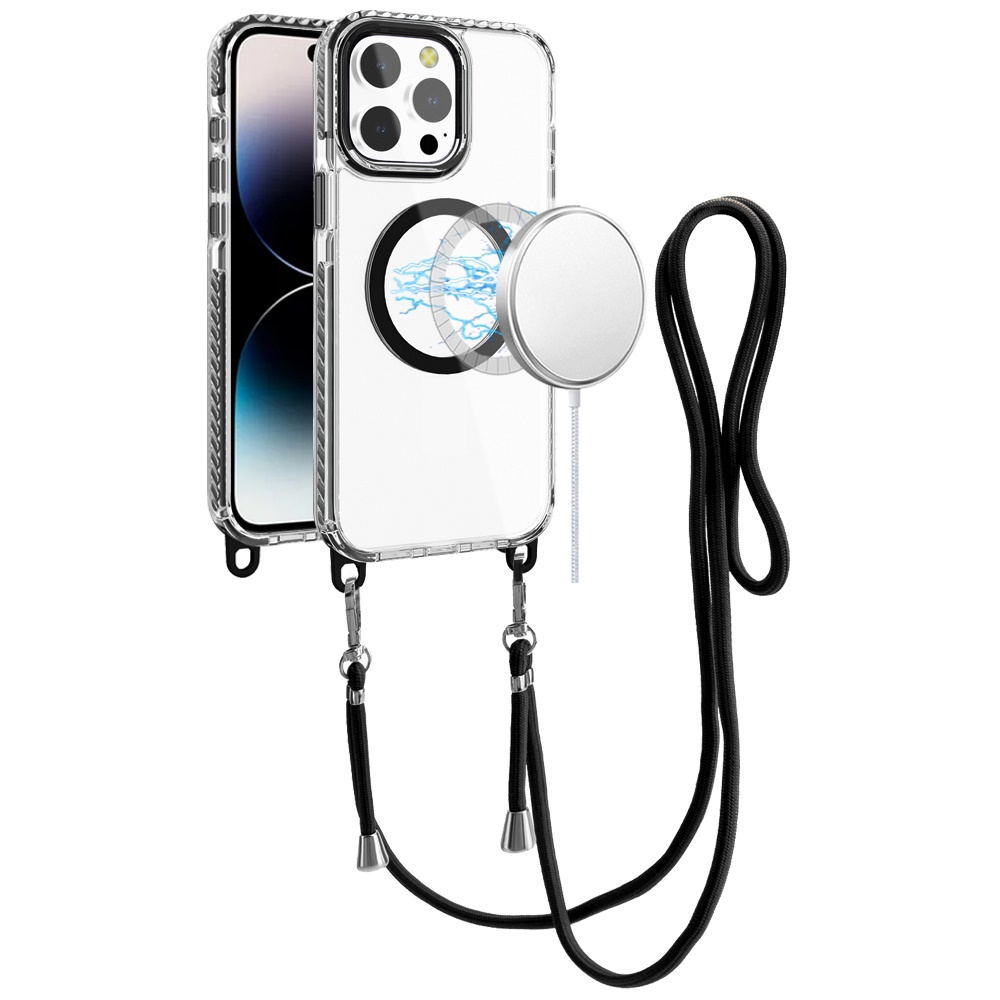 for iphone 14 pro max 6.7" transparent hq clear line design edged hybrid [magnetic circle] with matching lanyard black