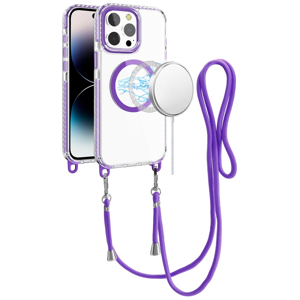 for iphone 14 pro max 6.7" transparent hq clear line design edged hybrid [magnetic circle] with matching lanyard dark purple