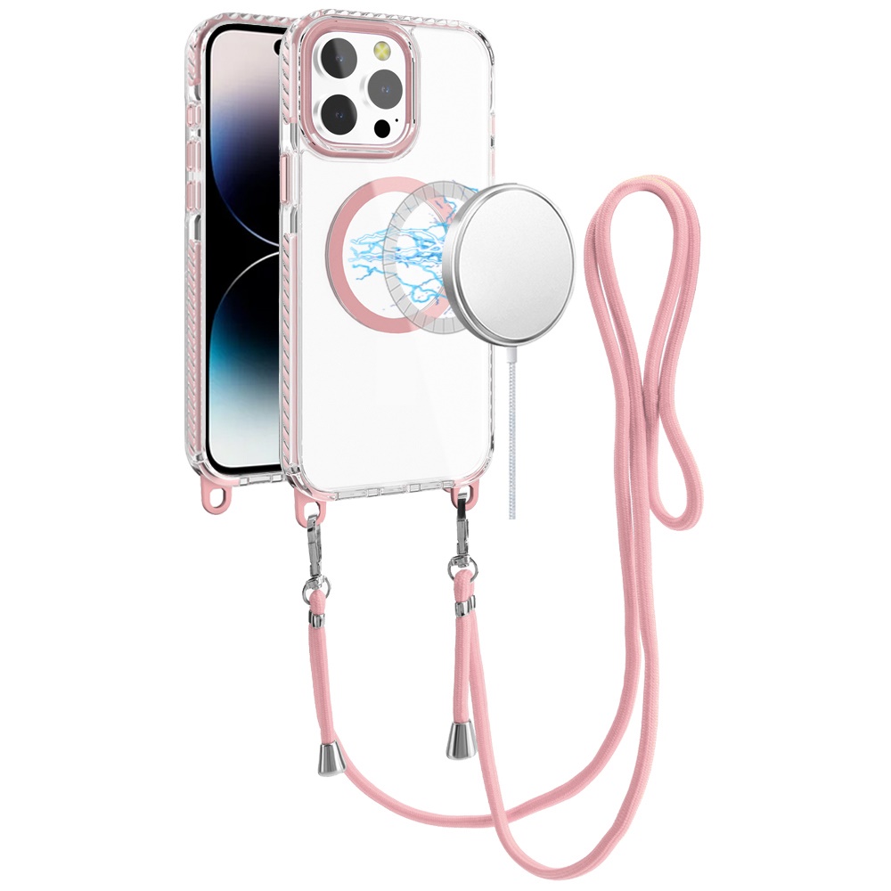 for iphone 14 pro max 6.7" transparent hq clear line design edged hybrid [magnetic circle] with matching lanyard light pink