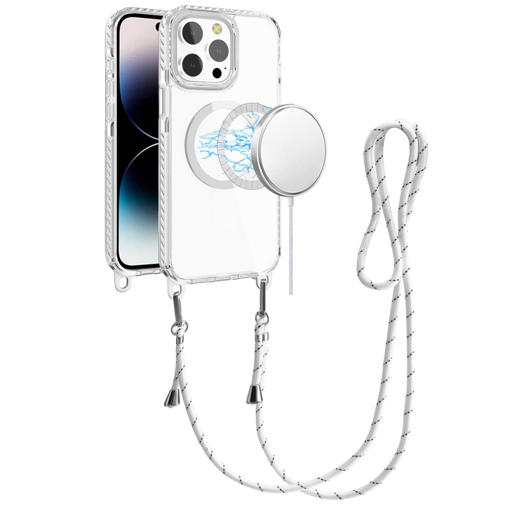 for iphone 14 pro max 6.7" transparent hq clear line design edged hybrid [magnetic circle] with matching lanyard white
