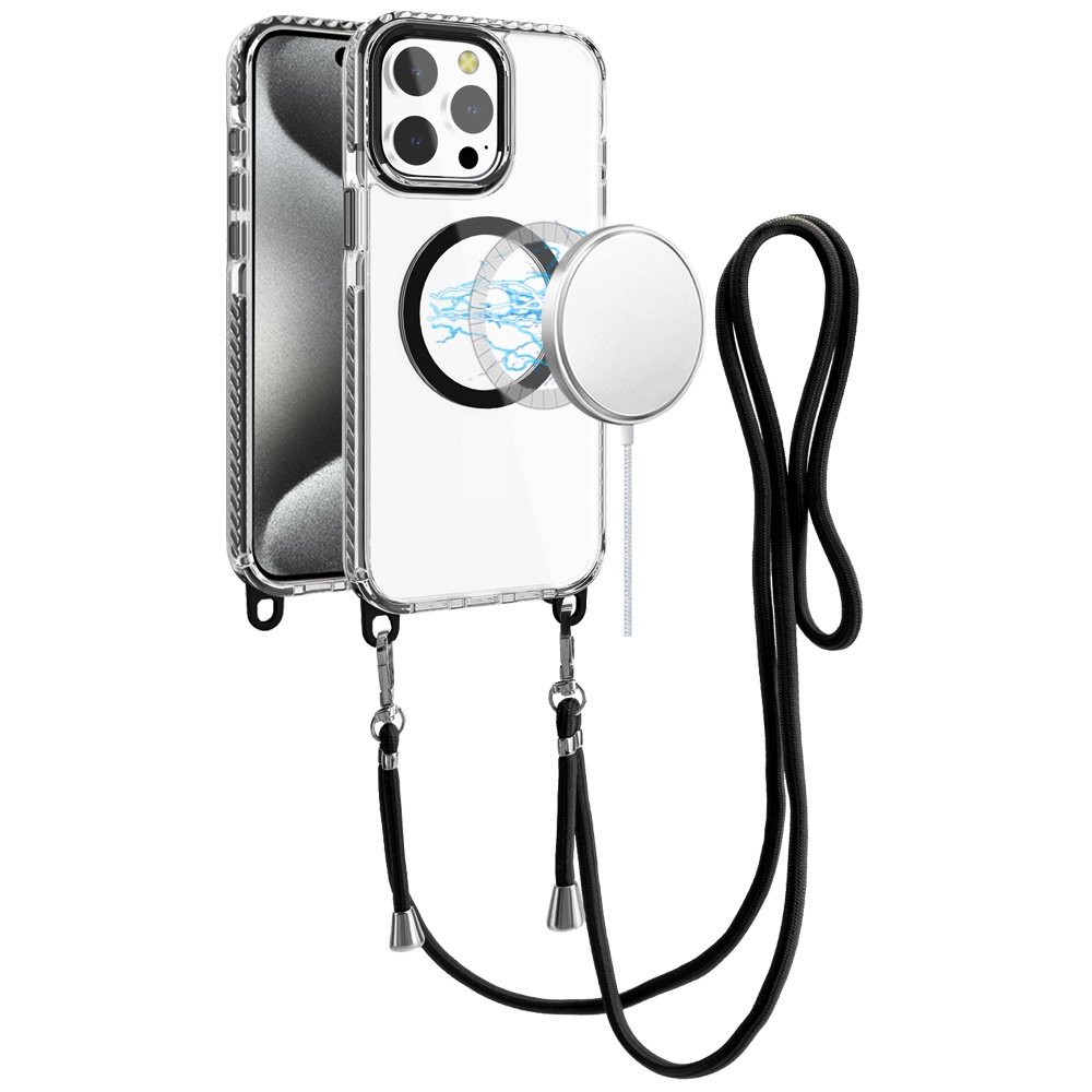 for ip15 pro max transparent hq clear line design edged hybrid [magnetic circle] with matching lanyard black
