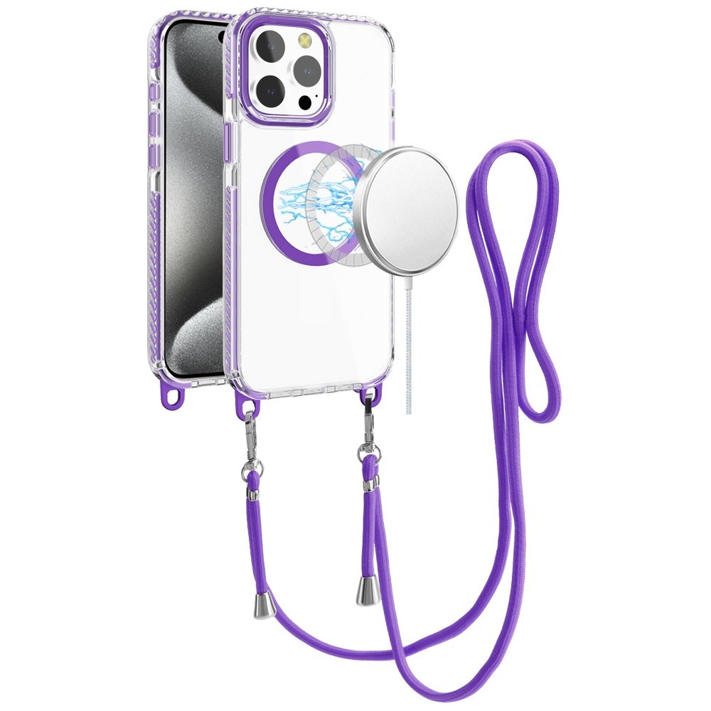 for ip15 pro max transparent hq clear line design edged hybrid [magnetic circle] with matching lanyard dark purple
