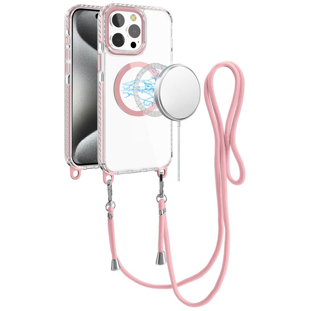 for ip15 pro max transparent hq clear line design edged hybrid [magnetic circle] with matching lanyard light pink