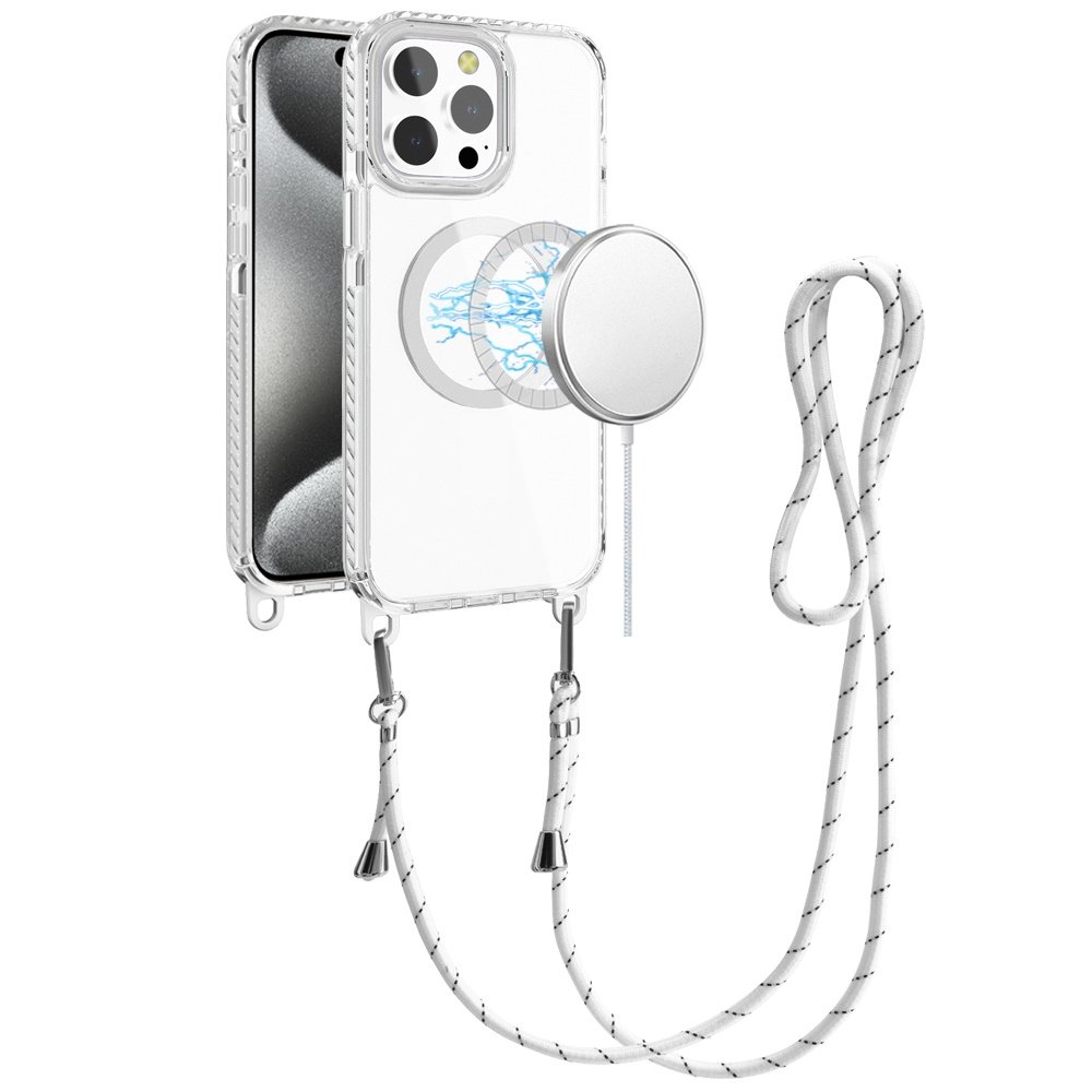 for ip15 pro max transparent hq clear line design edged hybrid [magnetic circle] with matching lanyard white