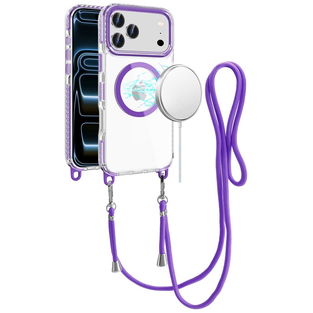 for iphone 17 pro max transparent hq clear line design edged hybrid [magnetic circle] with matching lanyard dark purple