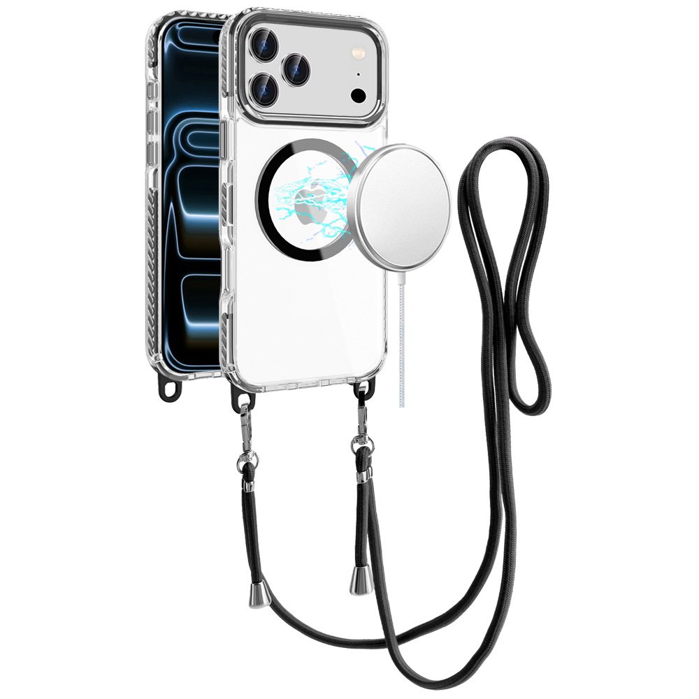 for iphone 17 pro transparent hq clear line design edged hybrid [magnetic circle] with matching lanyard black