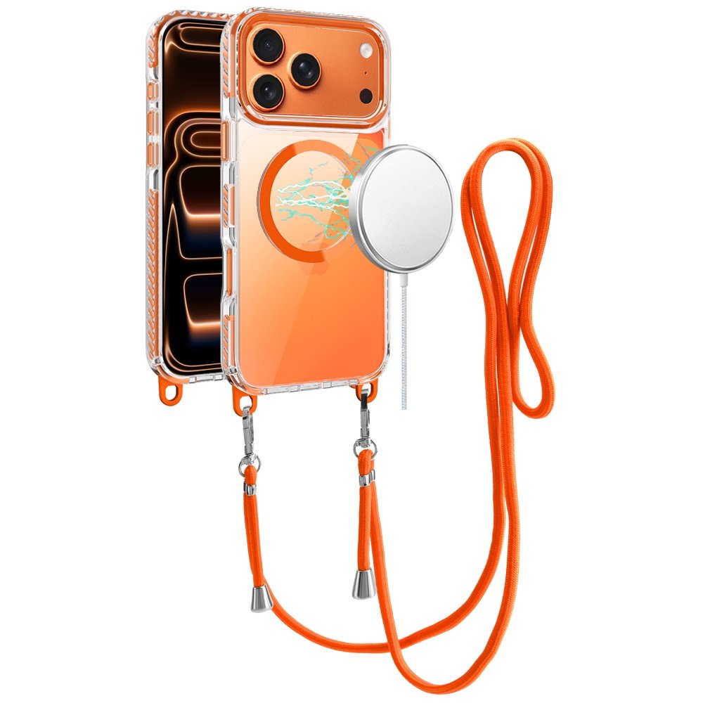 for iphone 17 pro transparent hq clear line design edged hybrid [magnetic circle] with matching lanyard cosmic orange