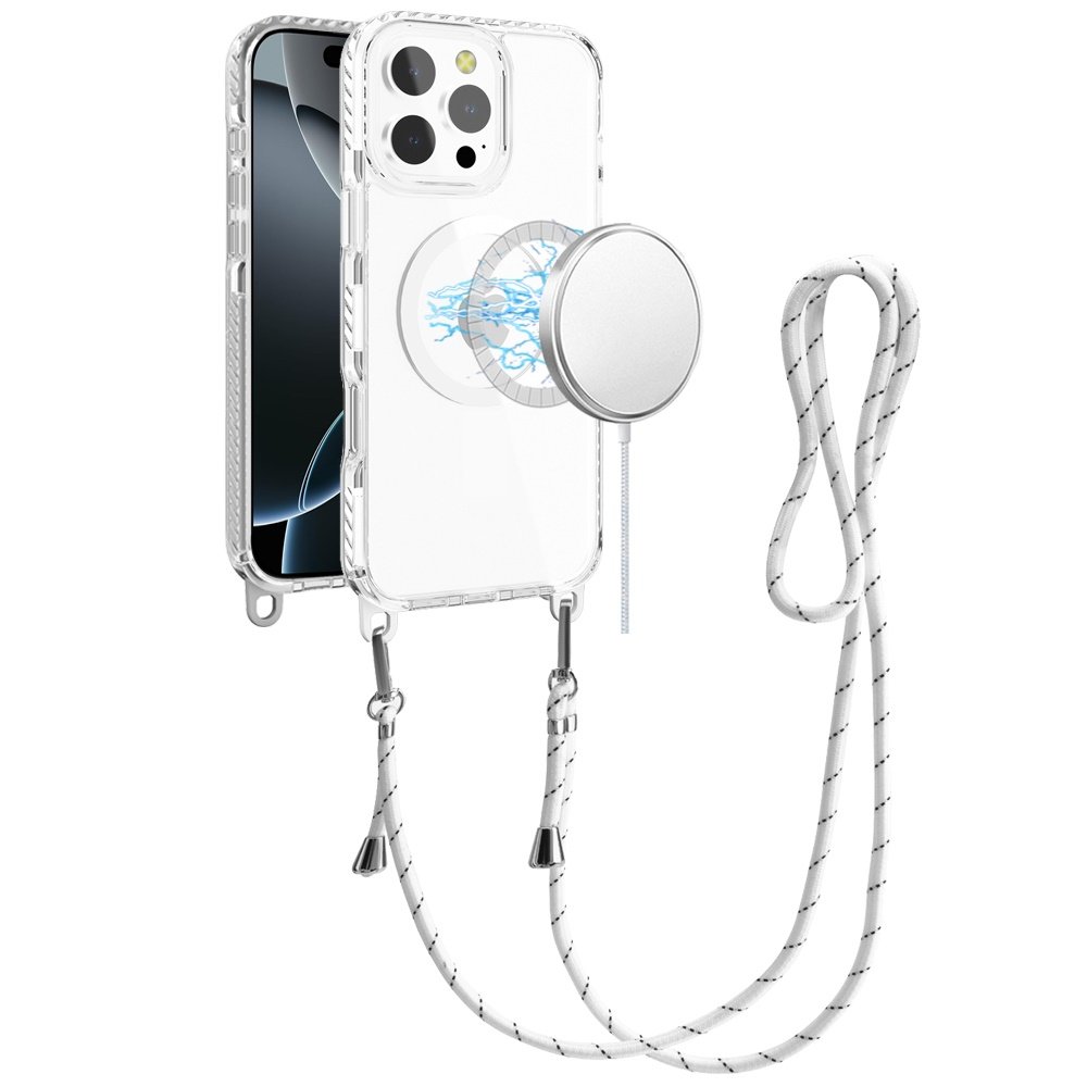 for iphone 16 pro max 6.9 inch transparent hq clear line design edged hybrid [magnetic circle] with matching lanyard white