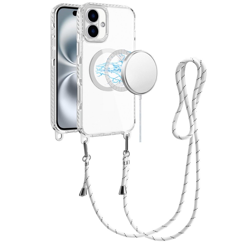 for iphone 16 plus 6.7 inch transparent hq clear line design edged hybrid [magnetic circle] with matching lanyard white