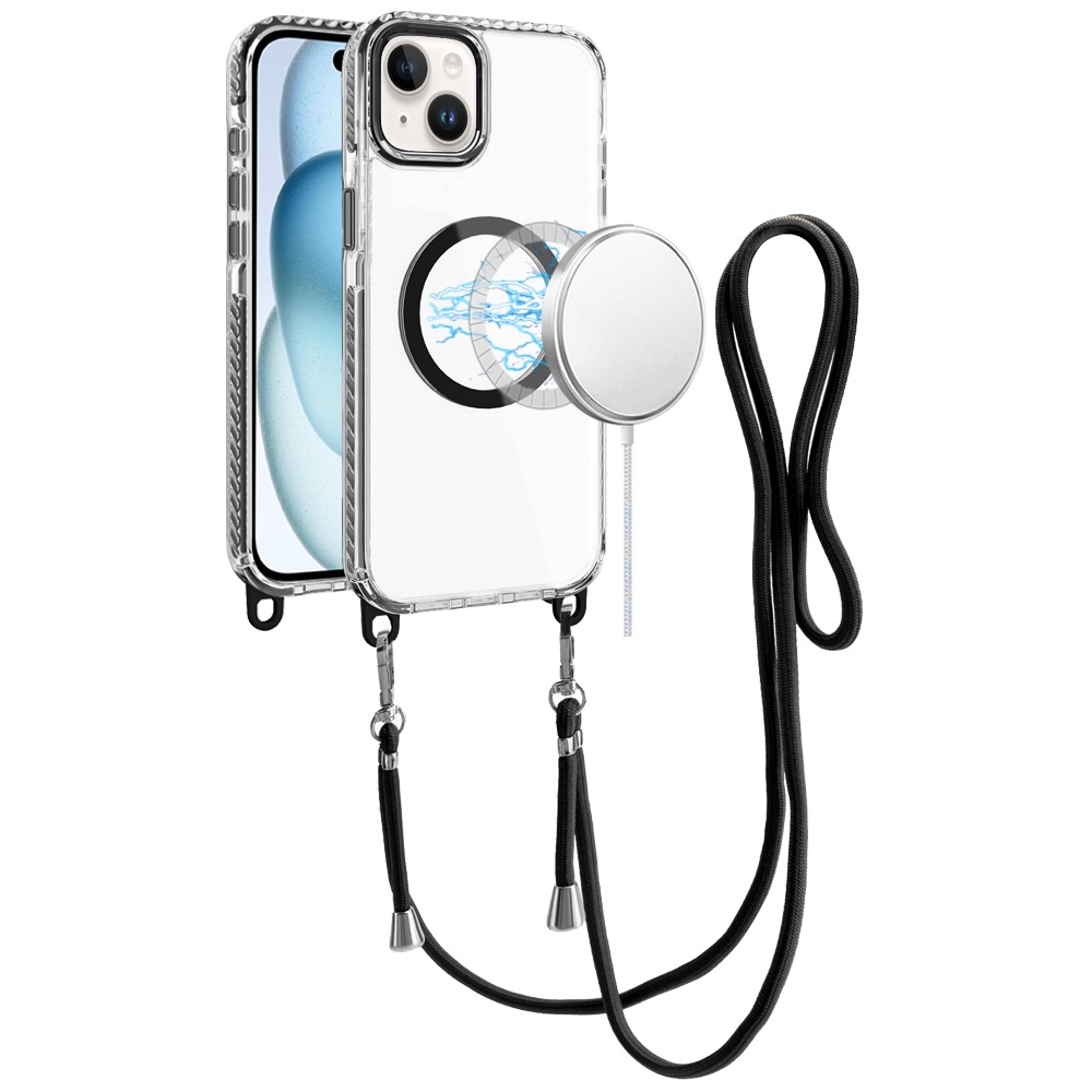 for iphone 15 transparent hq clear line design edged hybrid [magnetic circle] with matching lanyard black