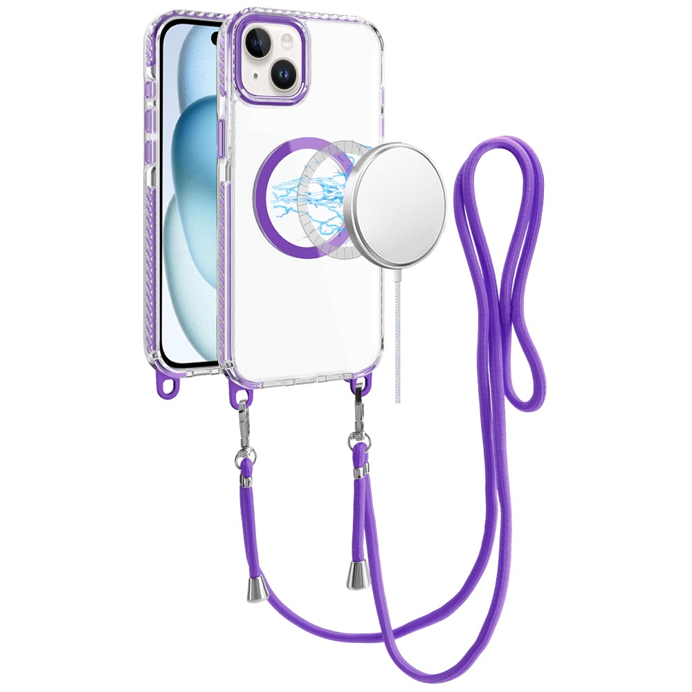 for iphone 15 transparent hq clear line design edged hybrid [magnetic circle] with matching lanyard dark purple