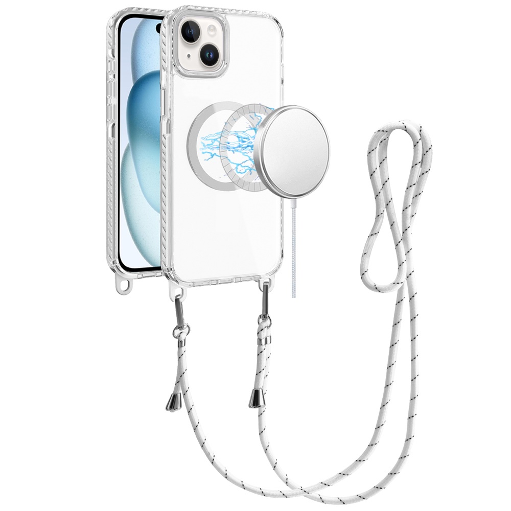 for iphone 15 transparent hq clear line design edged hybrid [magnetic circle] with matching lanyard white