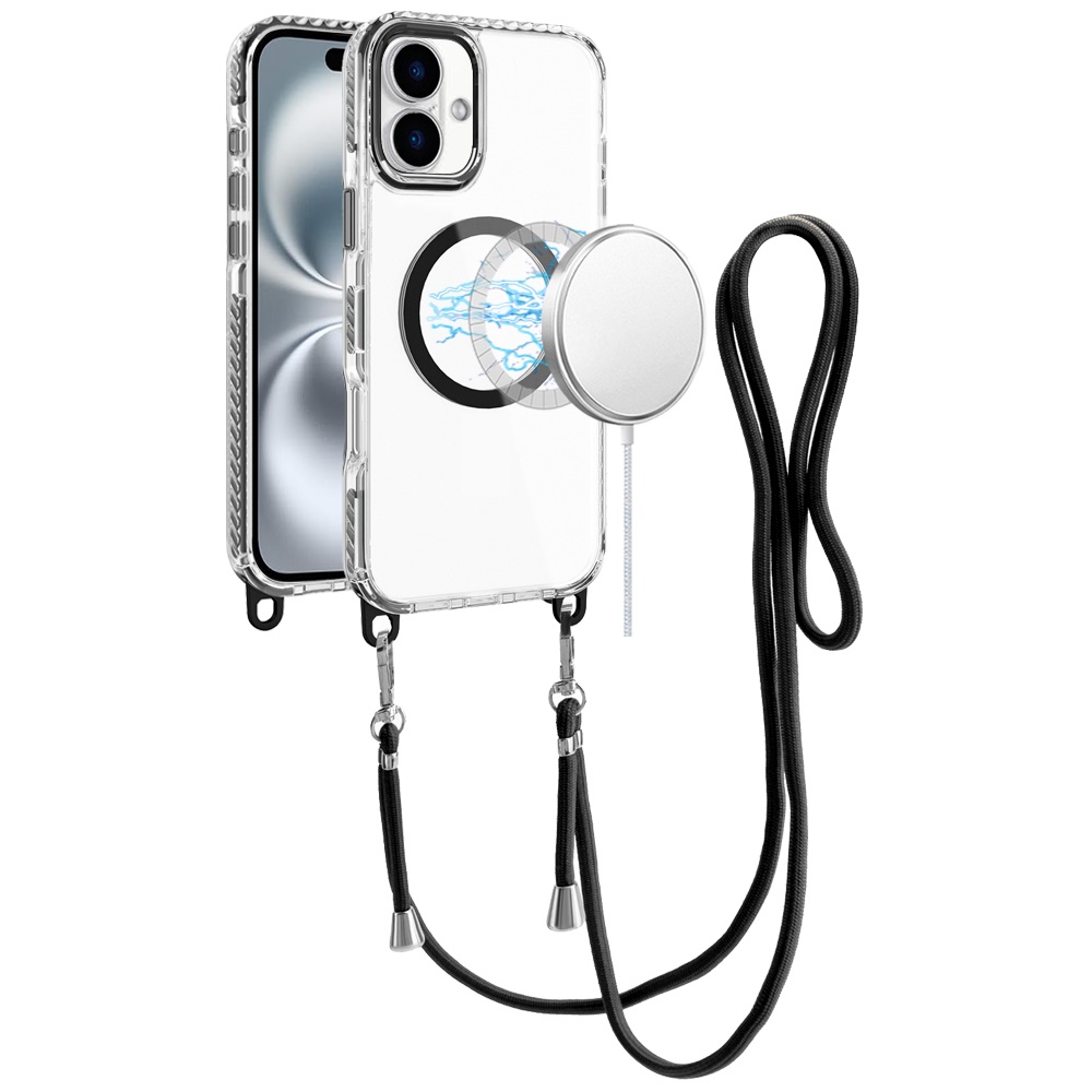 for iphone 16 6.1 inch transparent hq clear line design edged hybrid [magnetic circle] with matching lanyard black