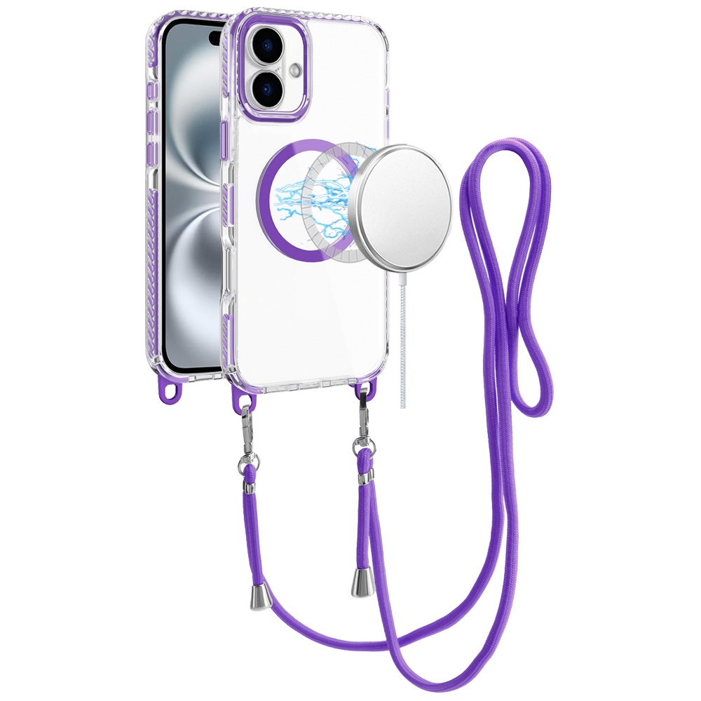 for iphone 16 6.1 inch transparent hq clear line design edged hybrid [magnetic circle] with matching lanyard dark purple
