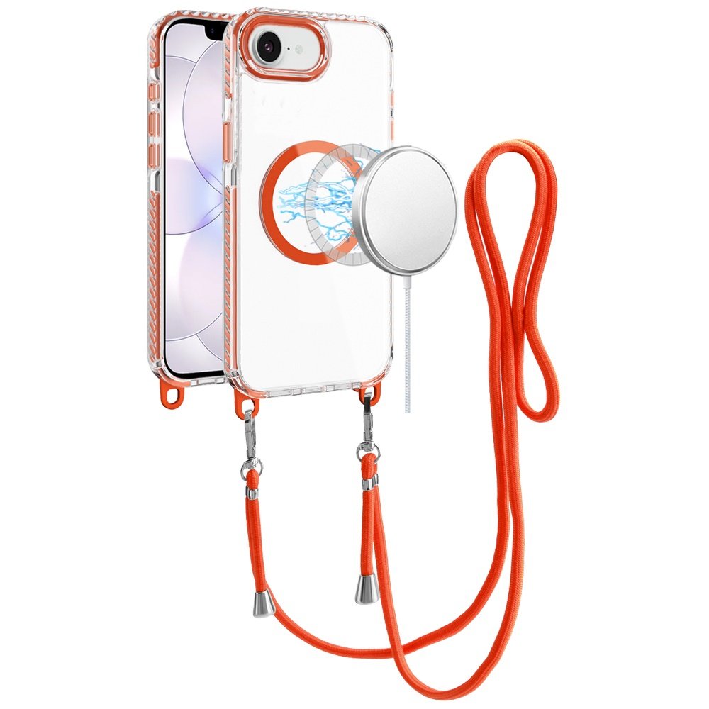 for iphone 16e (e edition) / se4 (2025) transparent hq clear line design edged hybrid [magnetic circle] with matching lanyard cosmic orange