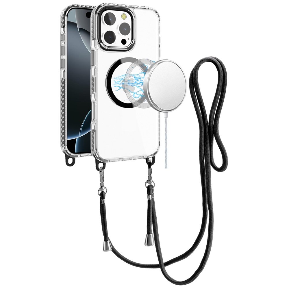 for iphone 16 pro 6.3 inch transparent hq clear line design edged hybrid [magnetic circle] with matching lanyard black