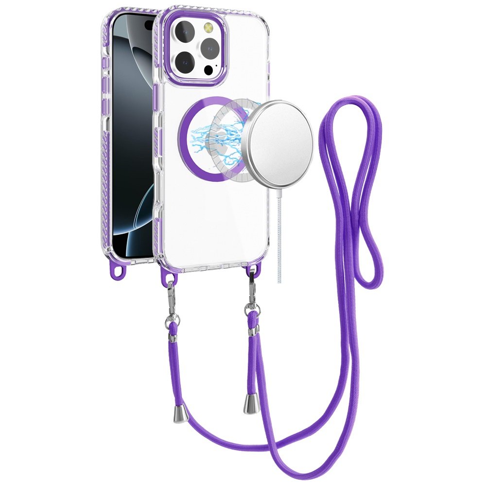 for iphone 16 pro 6.3 inch transparent hq clear line design edged hybrid [magnetic circle] with matching lanyard dark purple