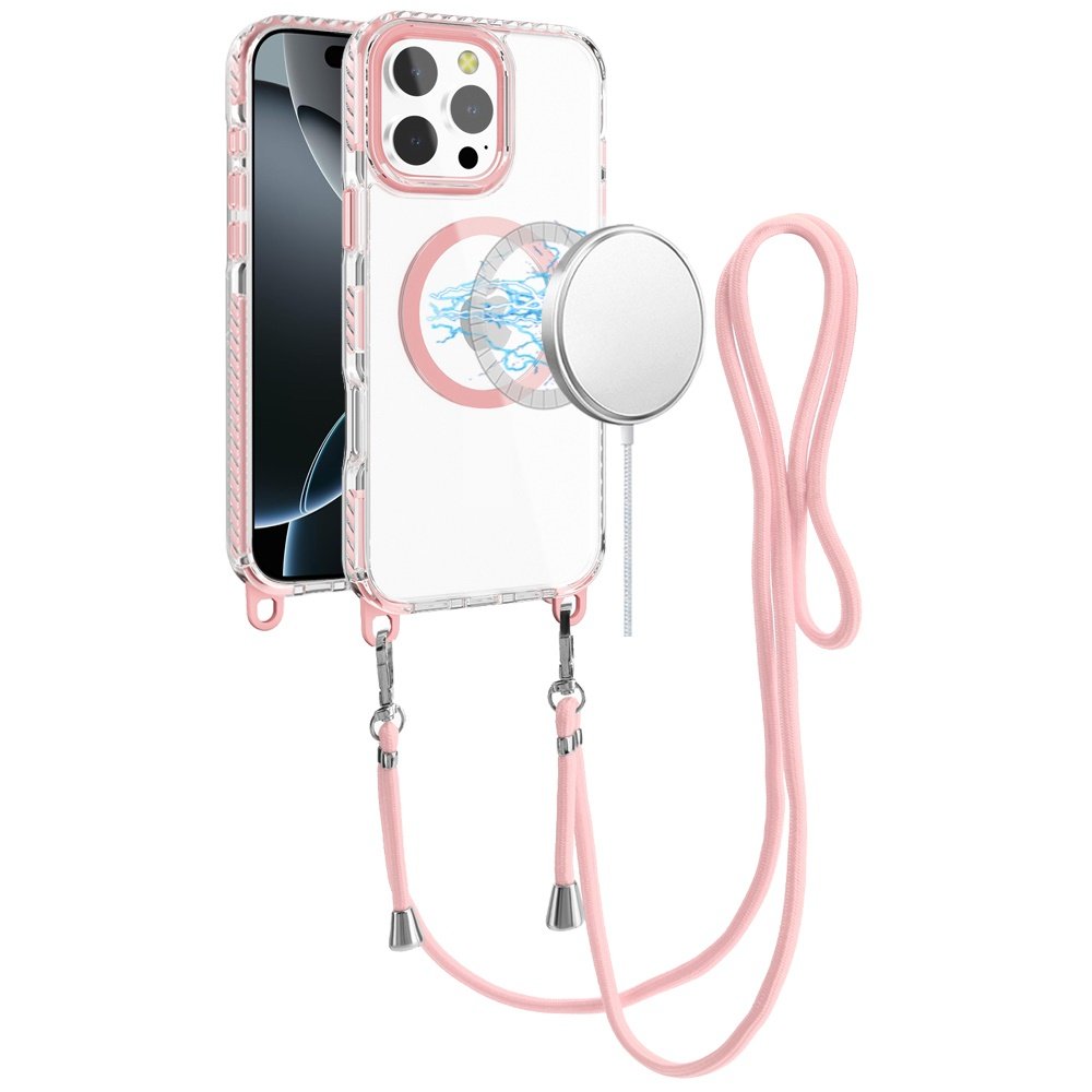 for iphone 16 pro 6.3 inch transparent hq clear line design edged hybrid [magnetic circle] with matching lanyard light pink