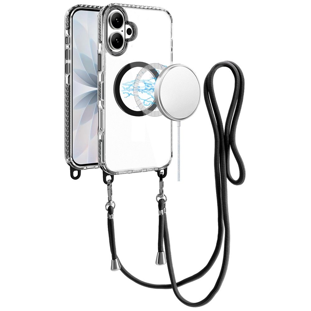 for iphone 17 transparent hq clear line design edged hybrid [magnetic circle] with matching lanyard black